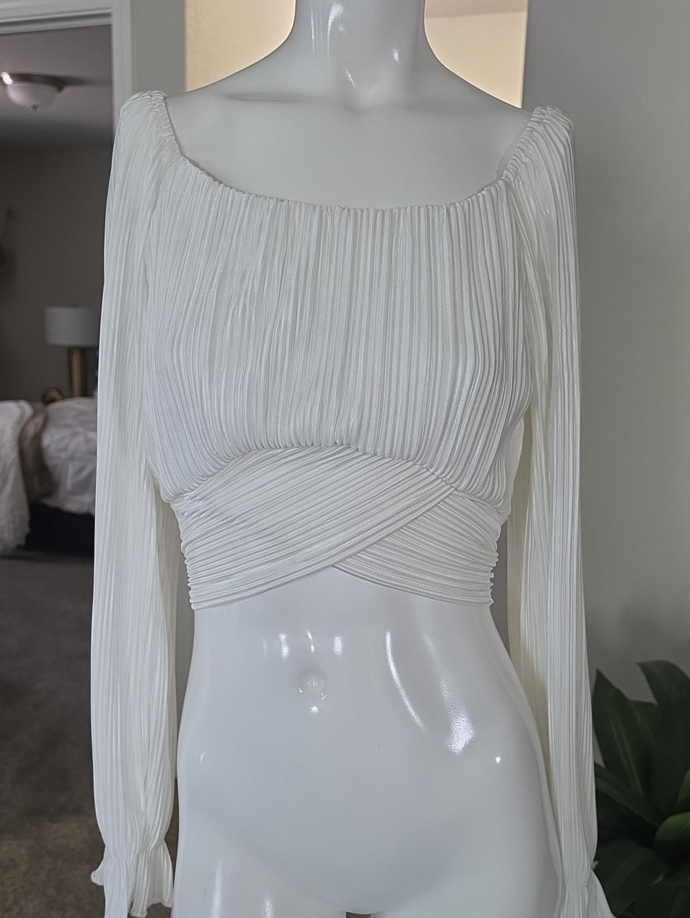 White Long-Sleeve Pleated Wrap Crop Top